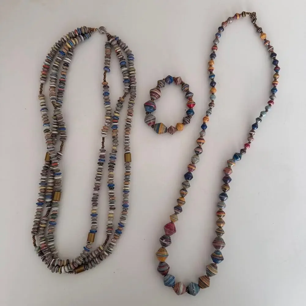 Handmade Rolled Paper Bead Necklaces Bracelet Boho Artisan Jewelry Lot Vintage - Picture 2 of 7